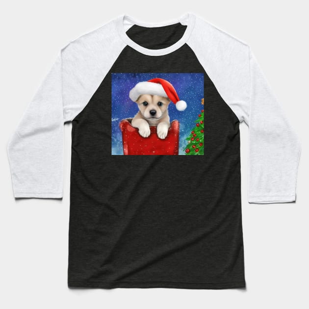 Cute Christmas Pomeranian Puppy Baseball T-Shirt by Mary'sDesigns